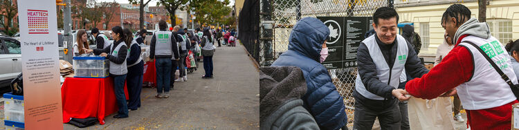 uniqlo staff participates in a NYC food bank event outdoors distributing clothing and helping people pack food from the food bank