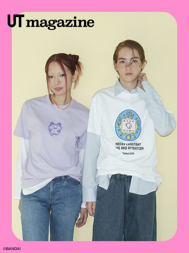 Two models wearing Tamagotchi UT t-shirts surrounded by tamagotchi characters.