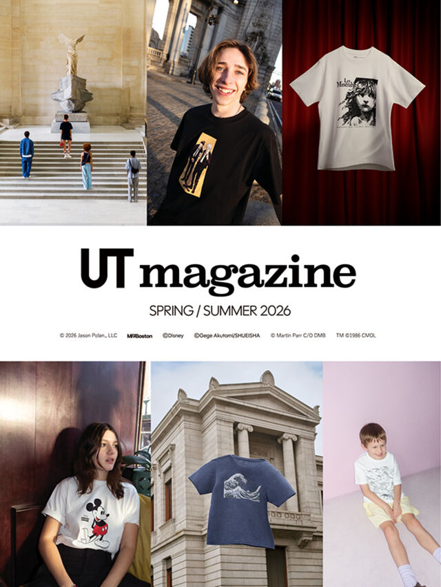 UT magazine spring/summer 2026. 6 lifestyle images showcasing new t-shirts in white, black, and blue. Models are outside of museums and art installations.
