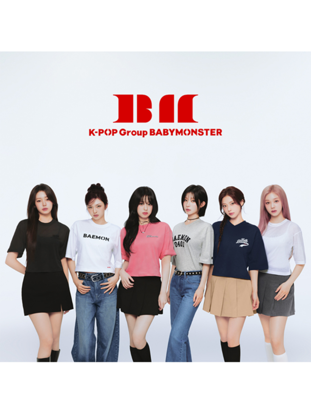 BABYMONSTER logo in red and group members wearing the BABYMONSTER UT Collection