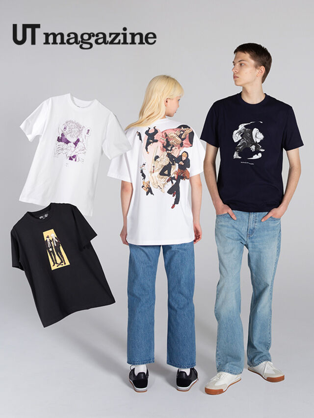 two models wearing jujutsu kaisen t-shirts. floating Manga Shueisha UT shirts on the left side showing a purple manga cap illustration of Gojo unlocking limitless technique. The shirt below shows Gojo Satoru and Geto Suguru side by side from Jujutsu Kaise