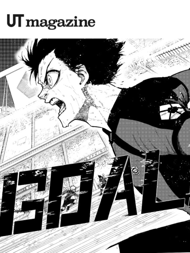 Black-and-white manga illustration of Isagi, running across a stadium. “UT magazine” text in the top left.
