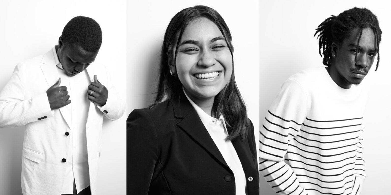 Three portraits of people in fashionable outfits