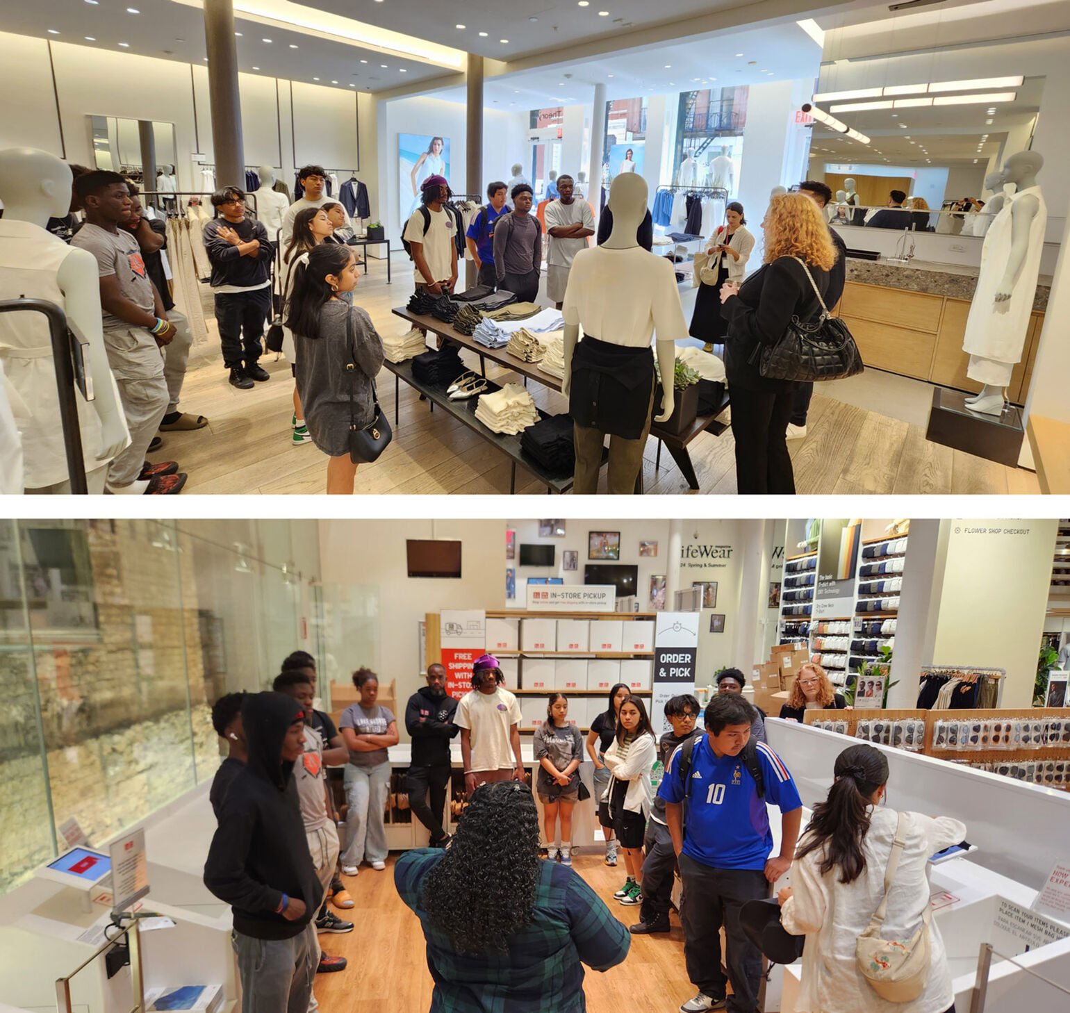 A group of people standing in Theory and UNIQLO stores