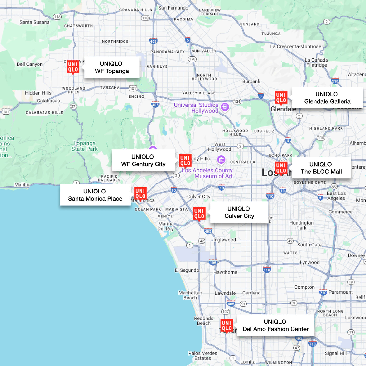 Los Angeles Map with UNIQLO Locations