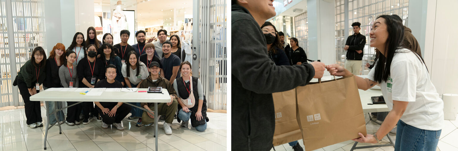 UNIQLO employees giving out bags of clothing