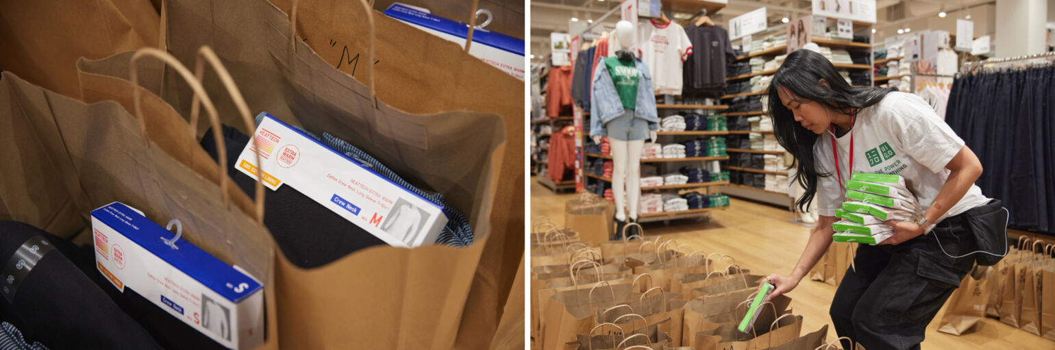 We filled paper shopping bags with HEATTECH, underwear, socks, sweatshirts and other items in men’s, women’s, and kids’ sizes and distributed them to those affected by the fires