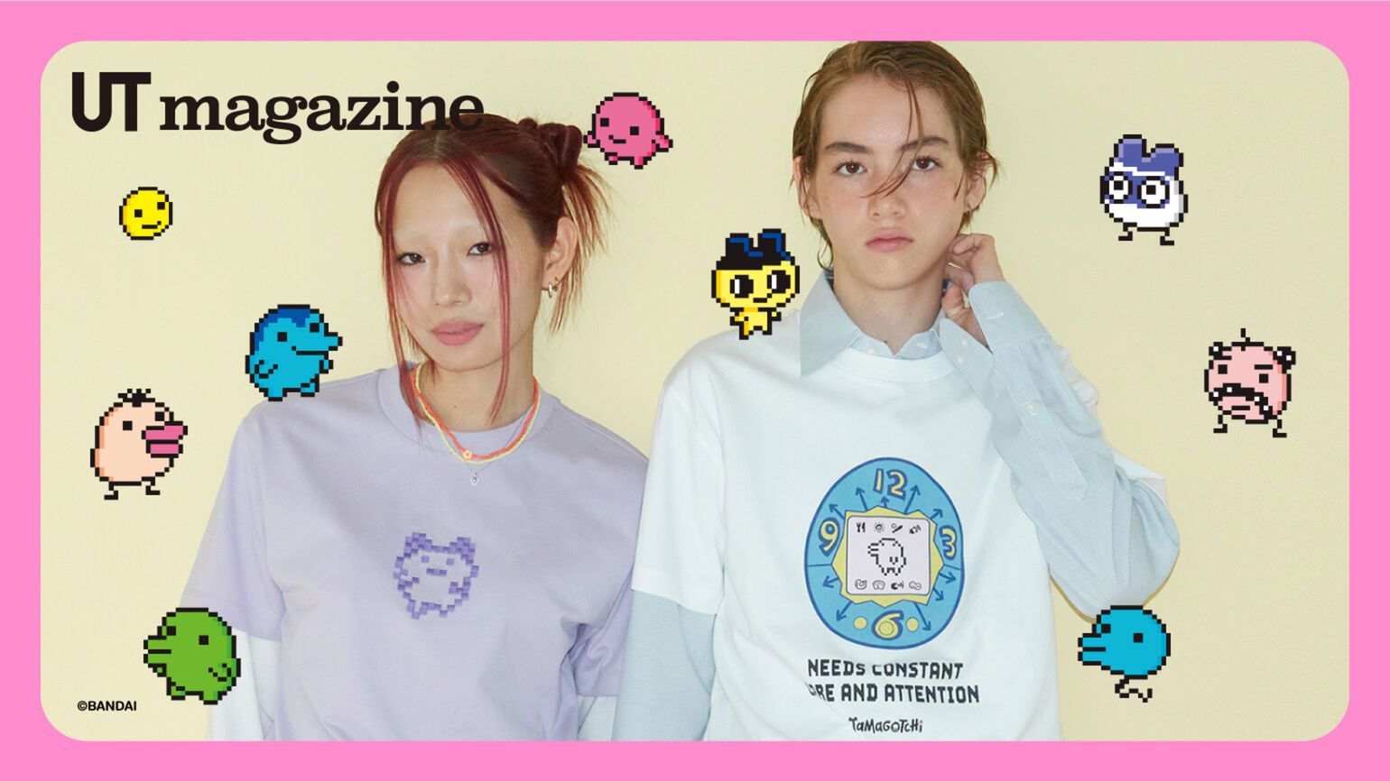 Two models wearing Tamagotchi UT t-shirts surrounded by tamagotchi characters.