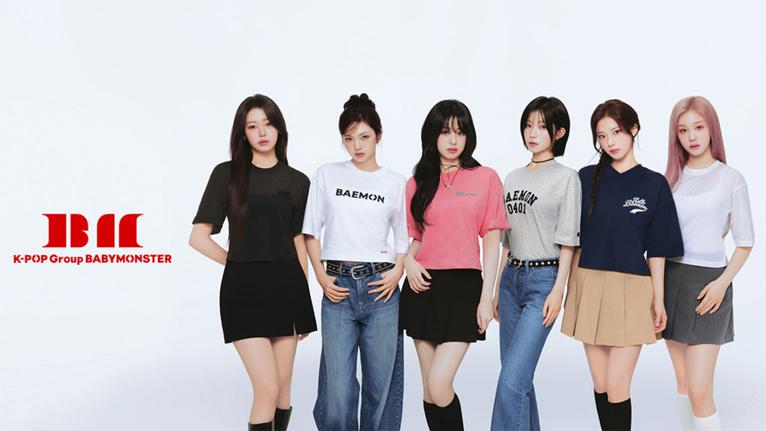 BABYMONSTER logo in red and group members wearing the BABYMONSTER UT Collection