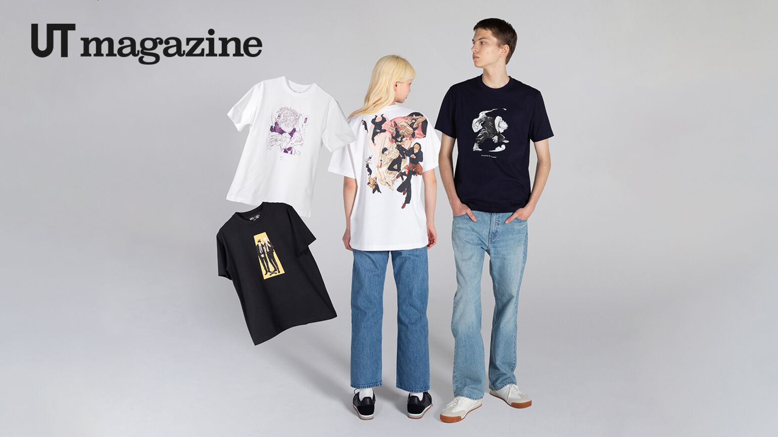 two models wearing jujutsu kaisen t-shirts. floating Manga Shueisha UT shirts on the left side showing a purple manga cap illustration of Gojo unlocking limitless technique. The shirt below shows Gojo Satoru and Geto Suguru side by side from Jujutsu Kaise