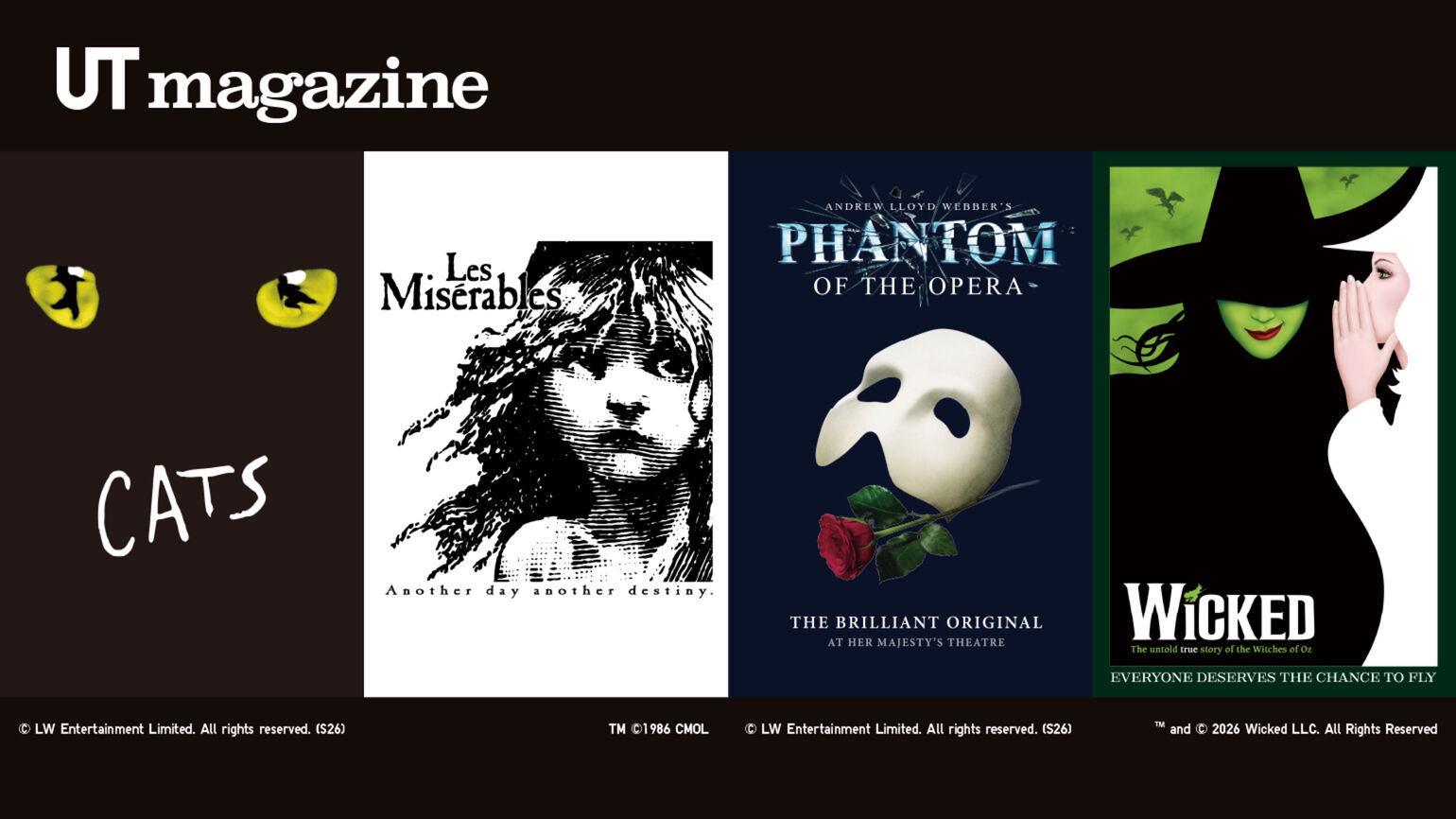 Movie posters from left to right: Cats, Les Miserables, Phantom of the Opera, and Wicked
