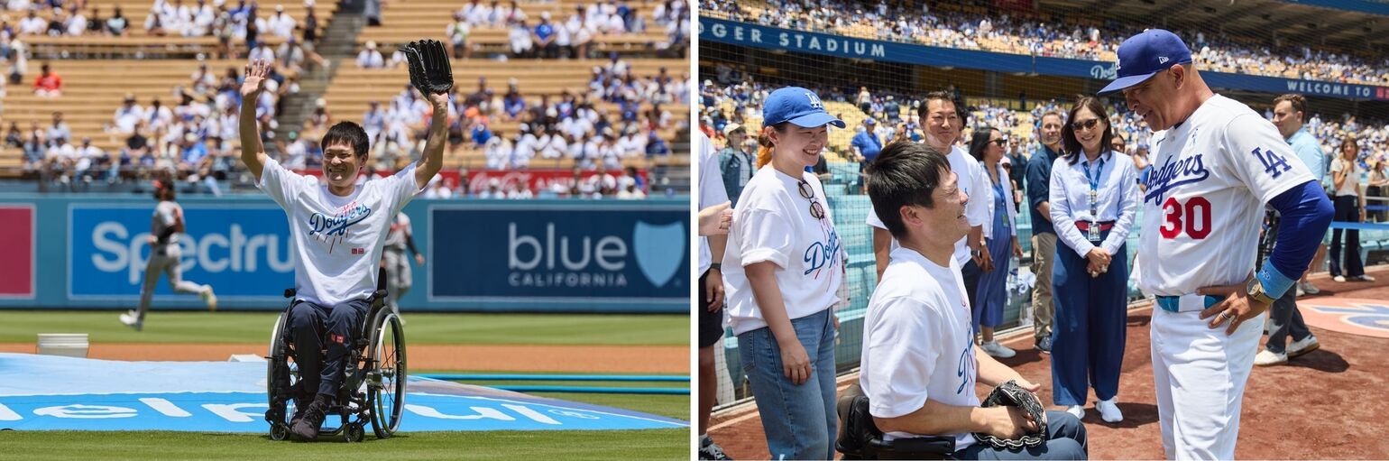 Mr. Kunieda taking the mound for the ceremonial first pitch