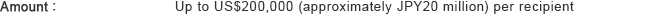 Amount : Up to US$200,000 (approximately JPY20 million) per recipient
