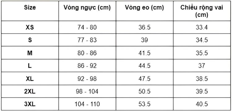 Bảng size áo polo nữ