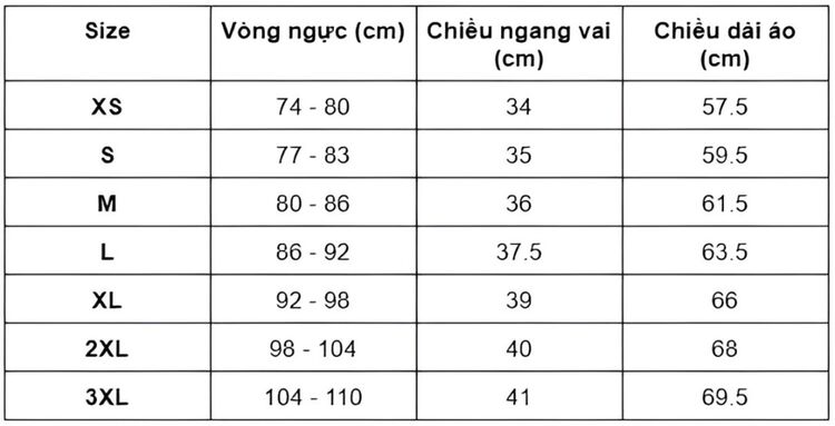 Bảng size áo nữ theo số đo cơ thể