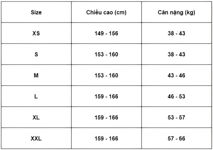 Bảng size áo nữ theo cân nặng, chiều cao