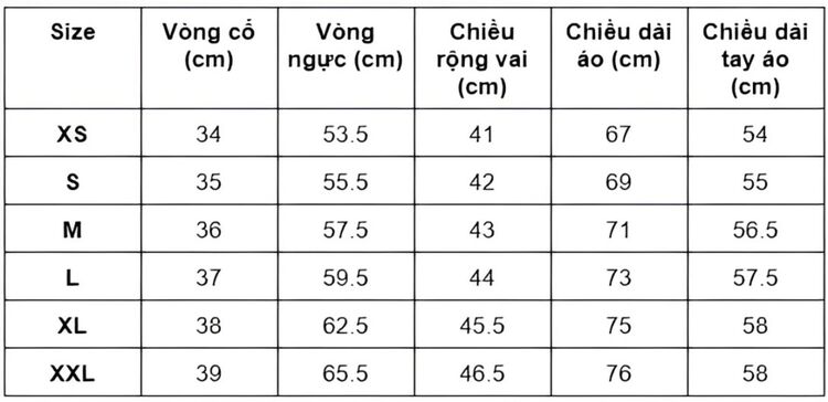 Bảng size áo sơ mi nữ