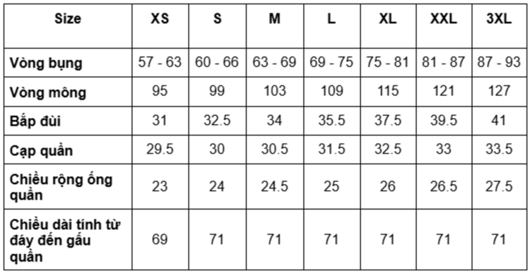 Bảng size quần tây nữ chuẩn