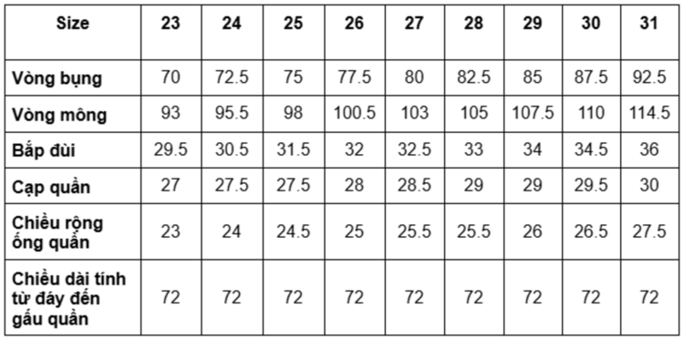 Bảng size quần ống suông nữ