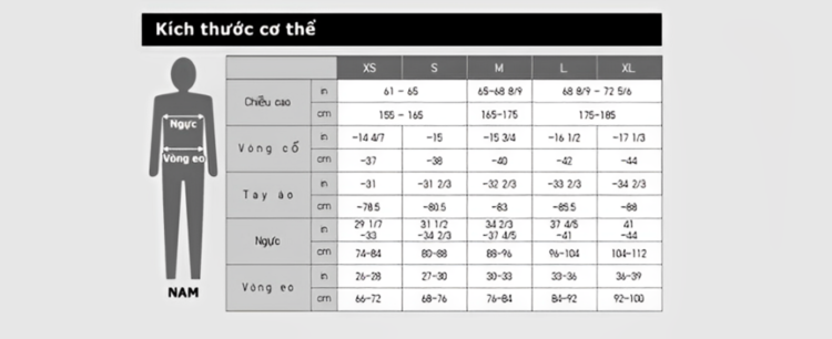 Bảng size áo thun nam của thương hiệu UNIQLO