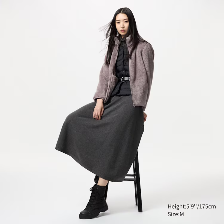 Chân váy dài qua gối với Áo Khoác Giả Lông Cừu Loại Dày Kéo Khóa Dài Tay ấm áp, phong cách