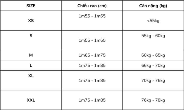 Bảng size tham khảo