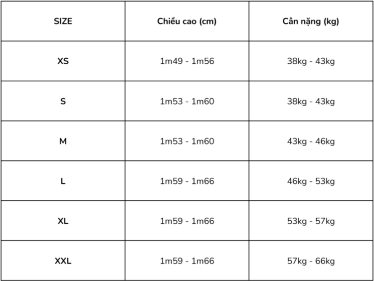 Bảng size tham khảo