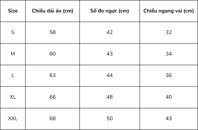 Bảng size áo nữ