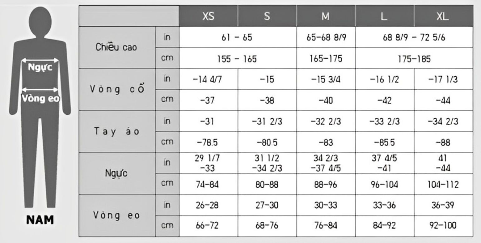 Bảng size áo sơ mi nam theo chữ cái