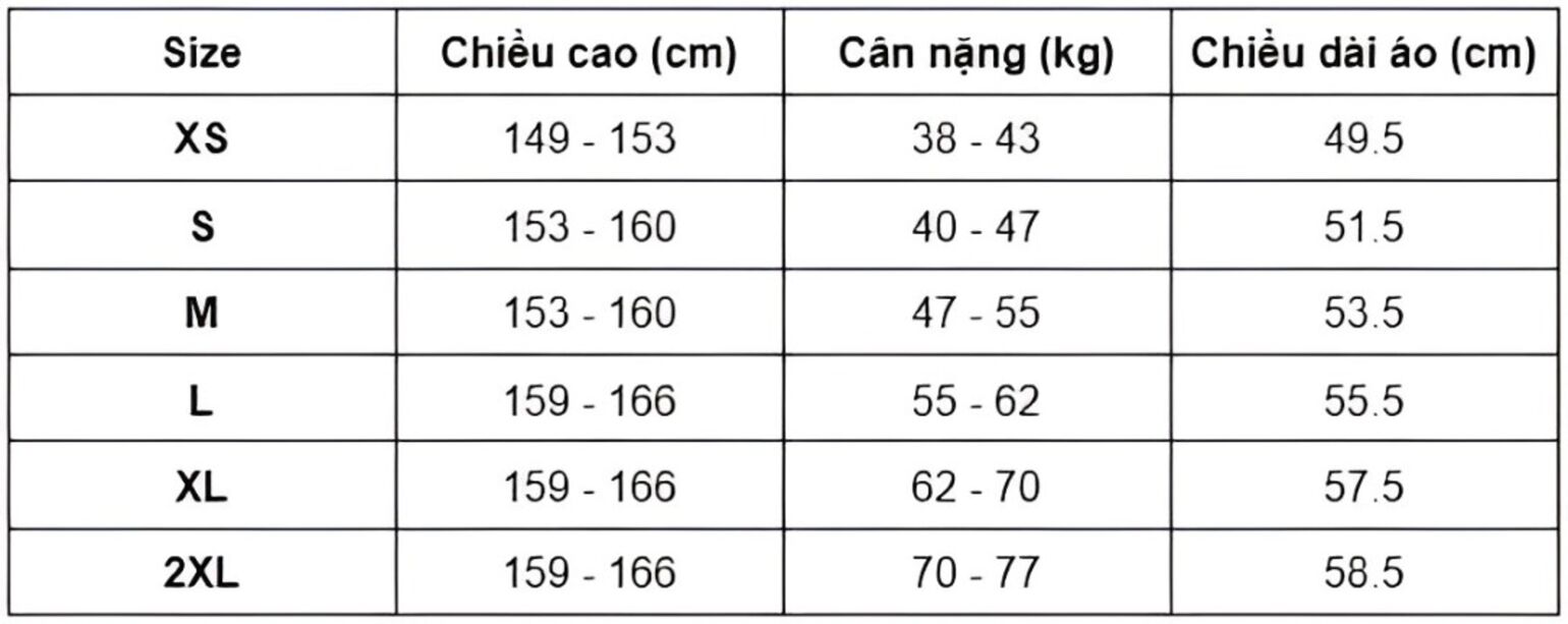 Bảng size áo khoác nữ
