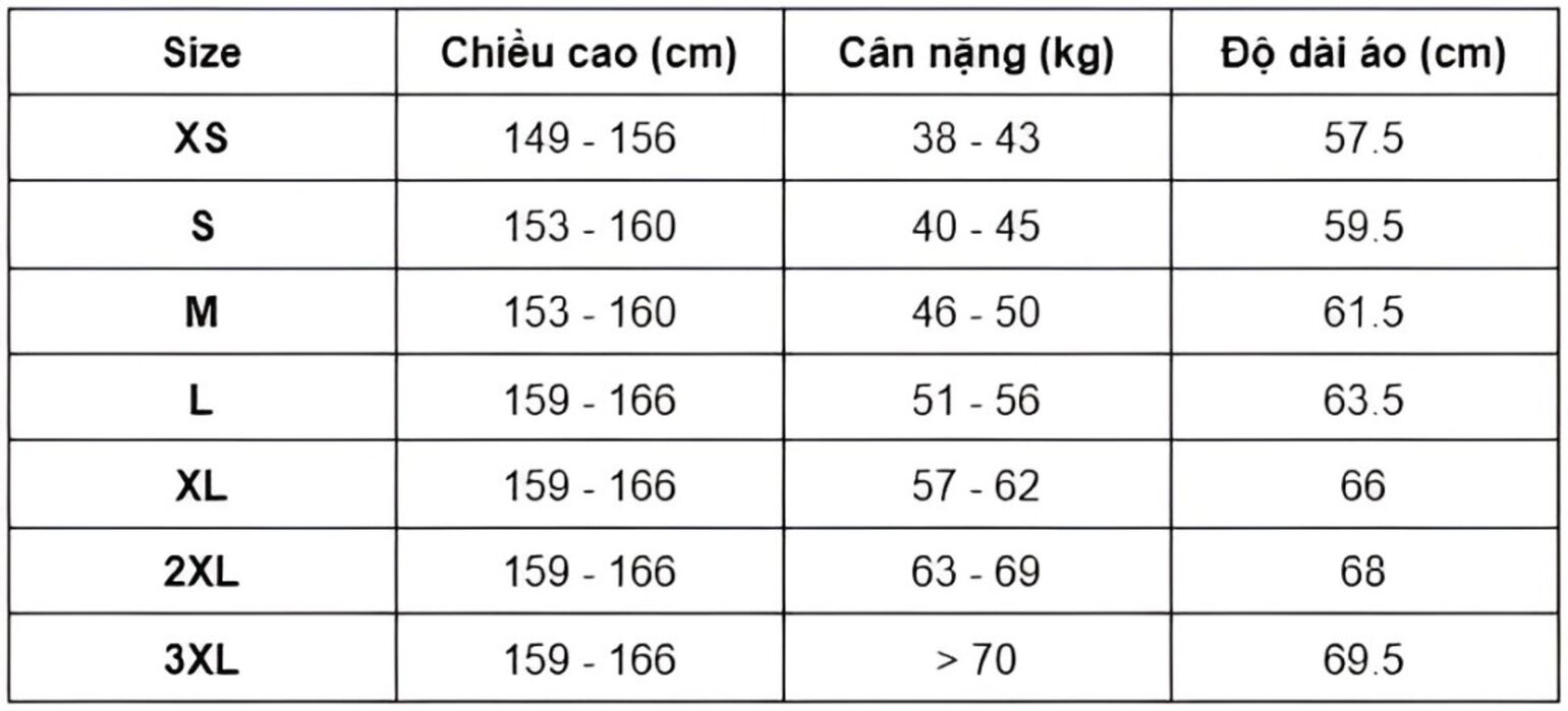 Bảng size áo thun nữ chi tiết