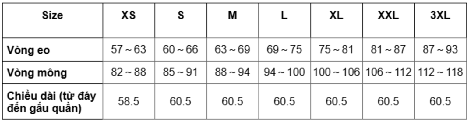 Bảng size quần legging nữ