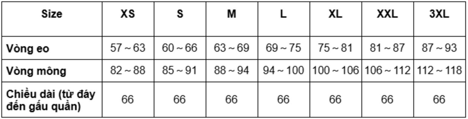 Bảng size quần giữ nhiệt HEATTECH nữ chuẩn