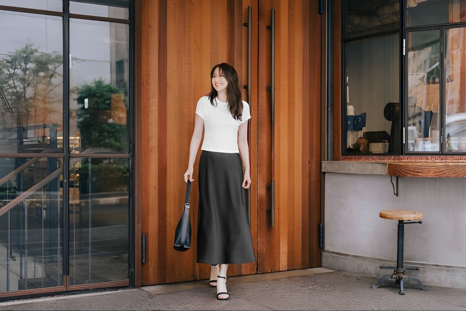 Cách phối đồ với Chân Váy Vải Satin và Áo Thun Mini dáng lửng hiện đại, thời trang