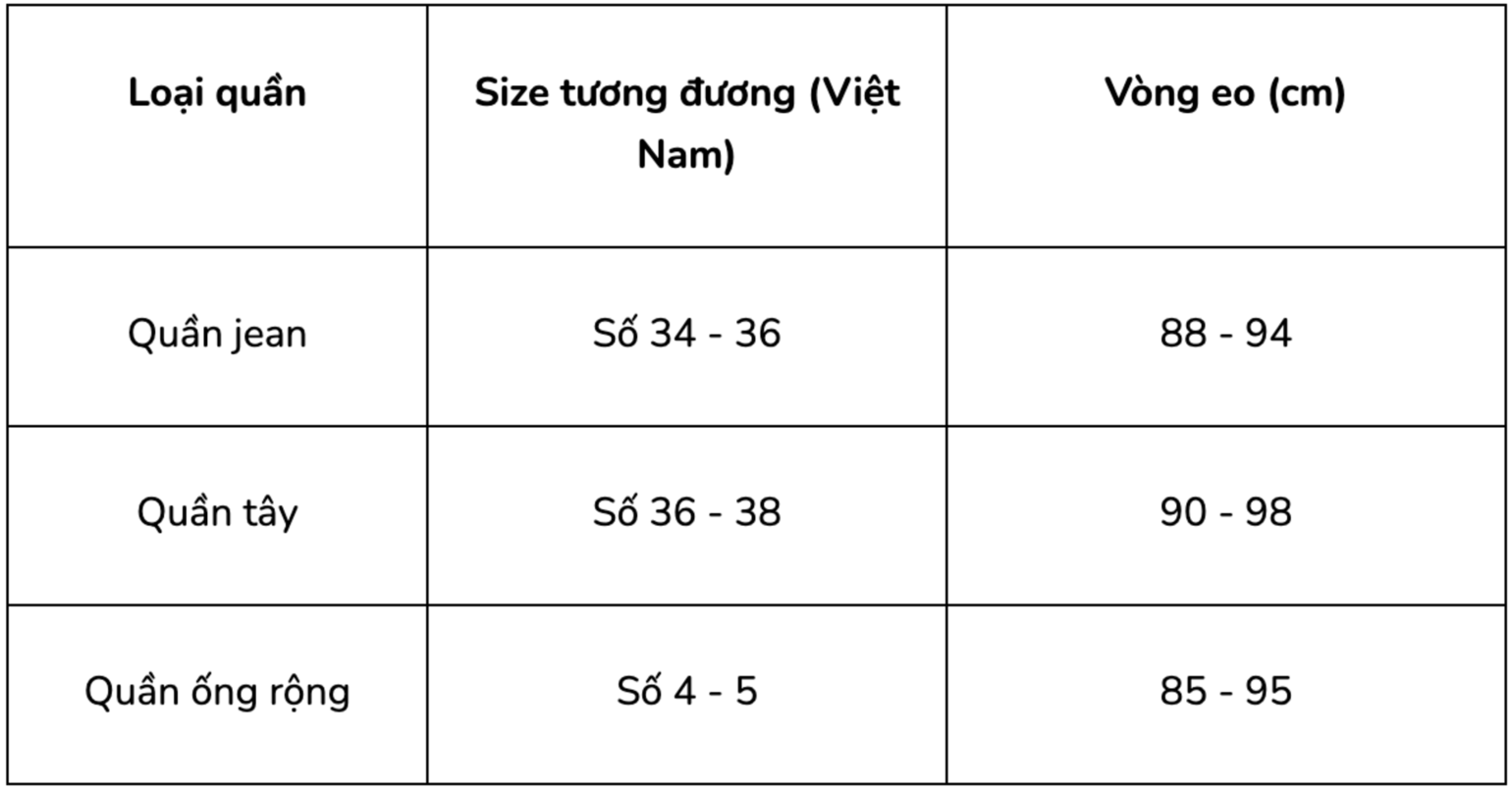 Bảng quy đổi phổ biến của quần size XXL trên thị trường hiện nay