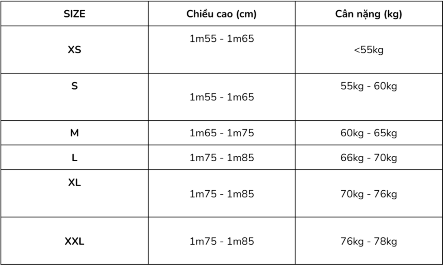 Bảng size tham khảo