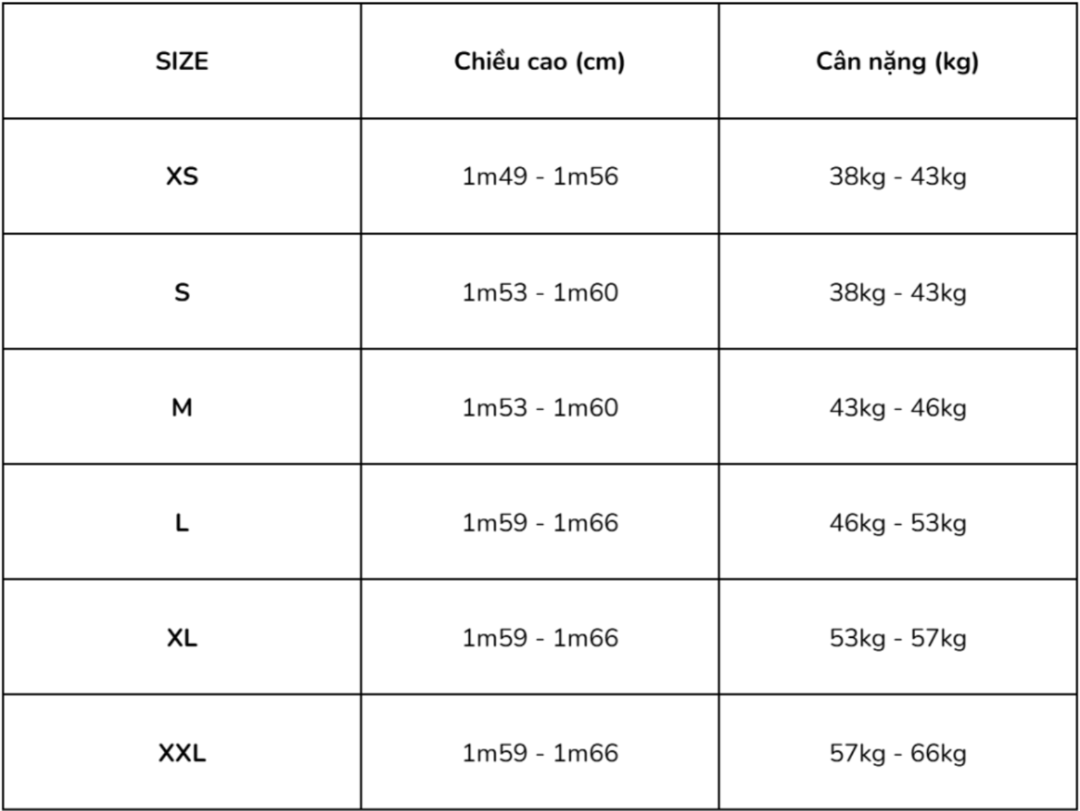 Bảng size tham khảo