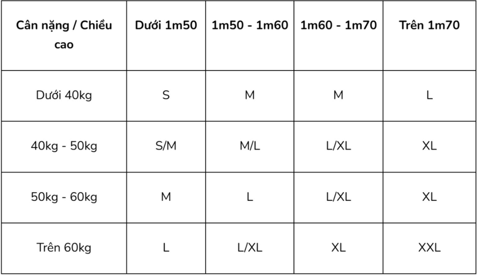 Bảng size áo nam theo cân nặng và chiều cao