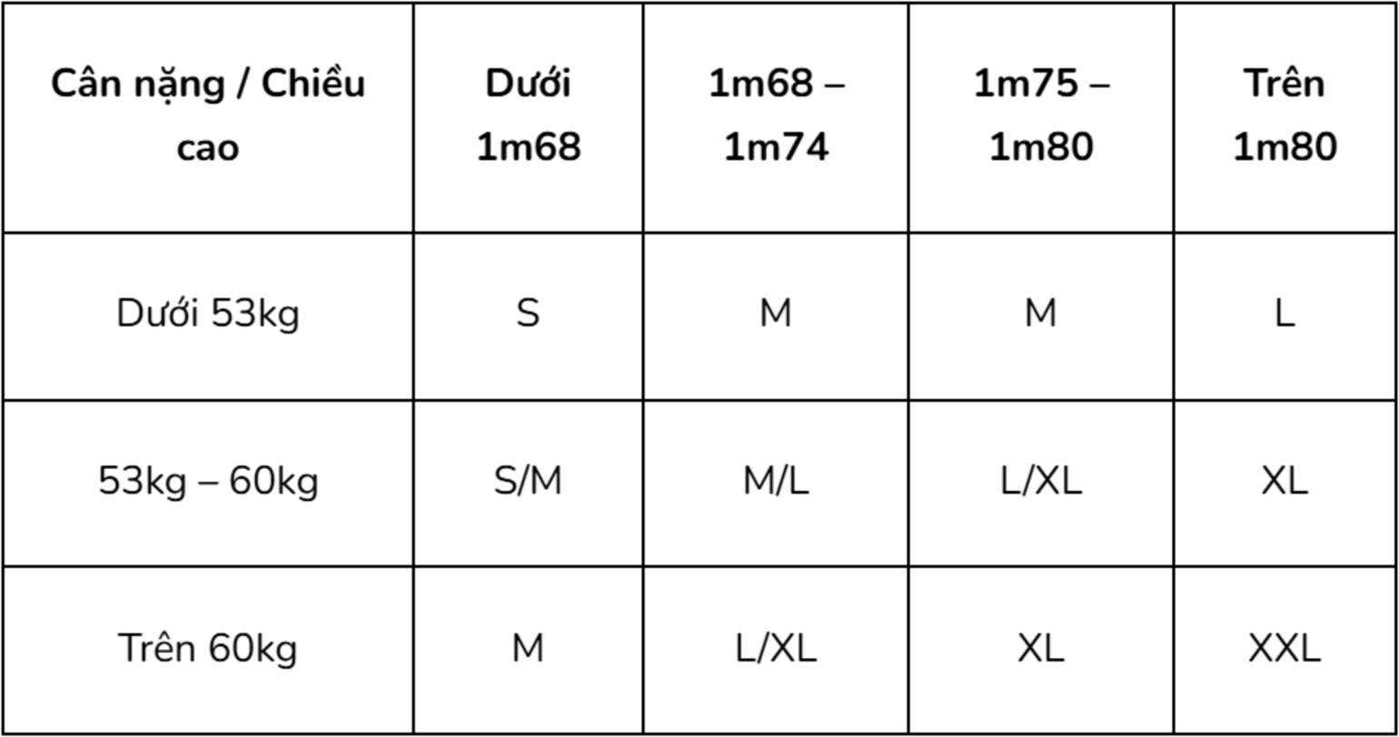 Bảng size áo nữ theo cân nặng và chiều cao