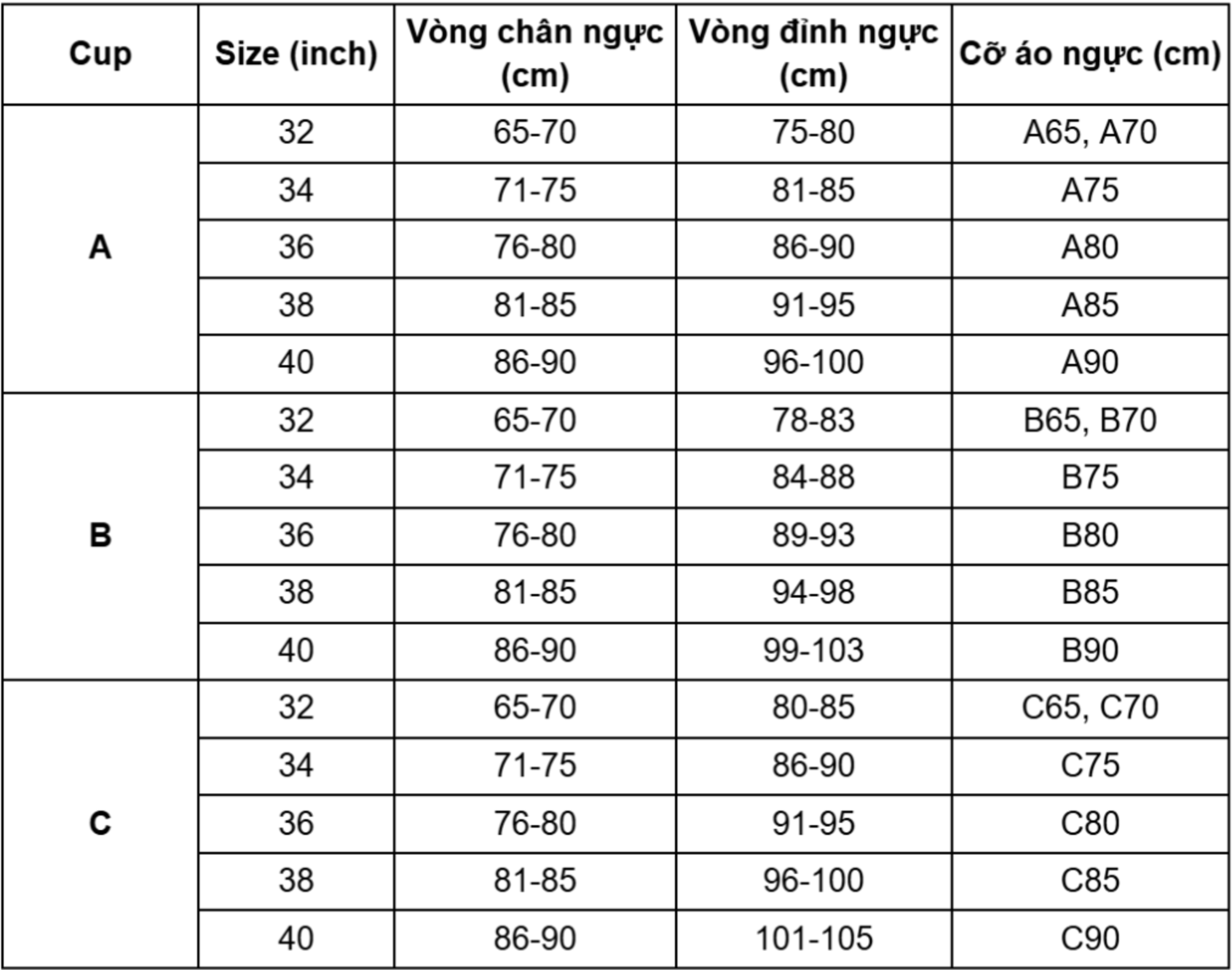 Bảng size áo ngực Việt Nam