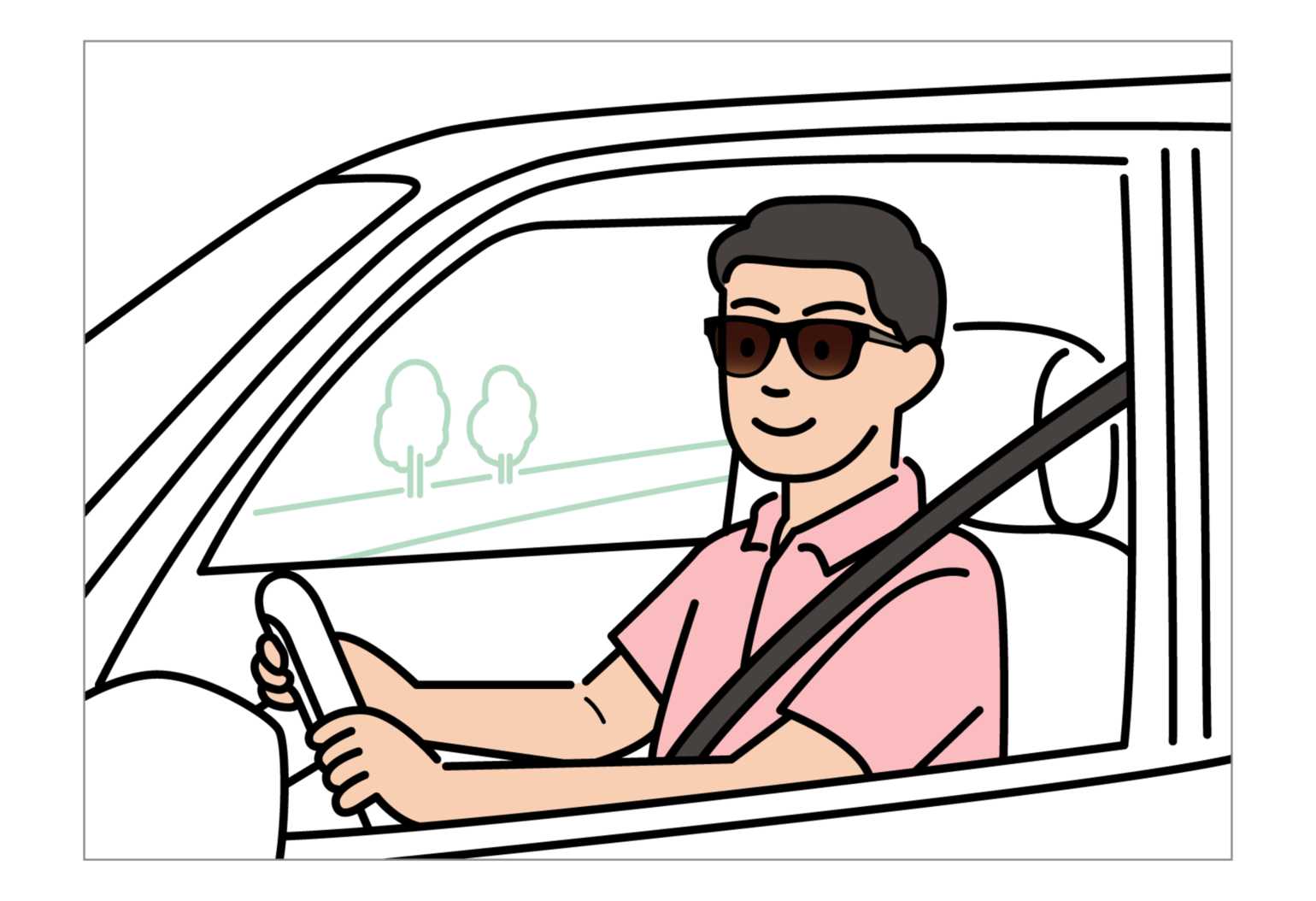 .An illustration image depicting a man in sunglasses holding a steering wheel and enjoying a comfortable drive while looking at the trees outside.